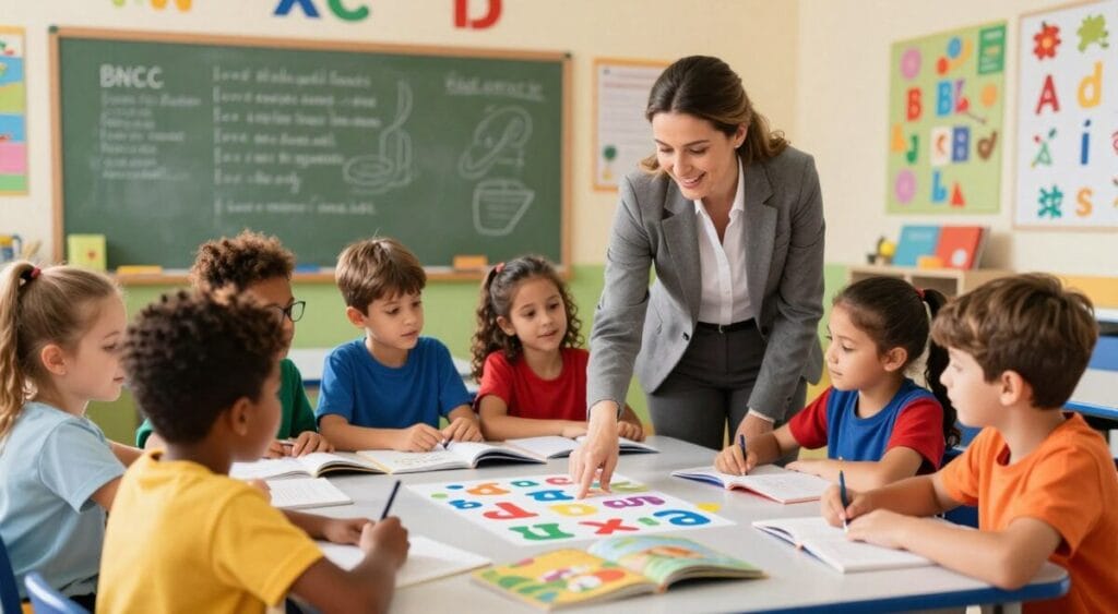 A vibrant and engaging classroom scene featuring a dedicated teacher guiding a group of diverse elementary school children in reading and literacy activities. In the foreground, the teacher, a woman in professional attire, enthusiastically points to colorful letters and books laid out on a table. The children, of various ethnicities, are seated around her, displaying curiosity and excitement as they interact with the materials. The middle ground showcases a chalkboard with educational elements tied to the BNCC, while the background features bright classroom decorations, such as illustrations of letters and numbers, creating an inviting atmosphere. The lighting is warm and natural, simulating a sunny day, casting soft shadows to enhance the mood of inspiration and learning. Include the brand name "Trilha Mágica Kids" subtly integrated into the scene.