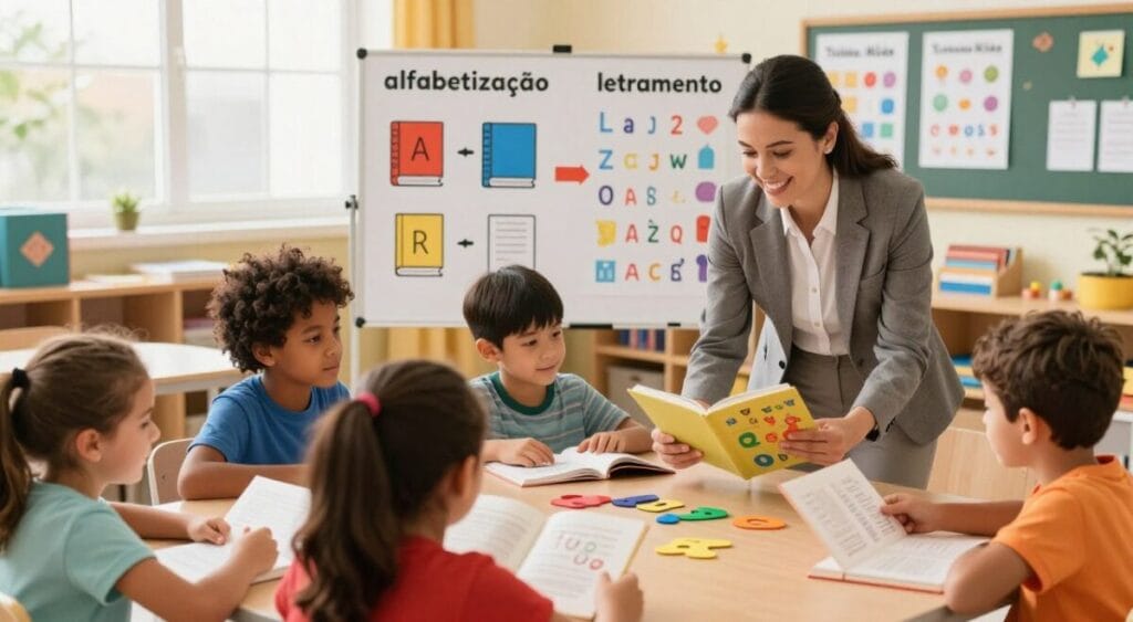 A vibrant classroom scene illustrating the comparison between literacy and literacy education. In the foreground, a female teacher in professional attire joyfully engages with a group of diverse children, aged 6-8, who are eagerly reading books together. The children are focused, surrounded by colorful letters and educational posters. In the middle ground, a large chart displays key distinctions between "alfabetização" and "letramento," represented through visual symbols like books, letters, and literacy activities. The background features a sunlit window revealing a bright and inviting school environment filled with learning materials. Soft, warm lighting enhances the cheerful atmosphere. Include the brand name "Trilha Mágica Kids" subtly integrated into the classroom decor.